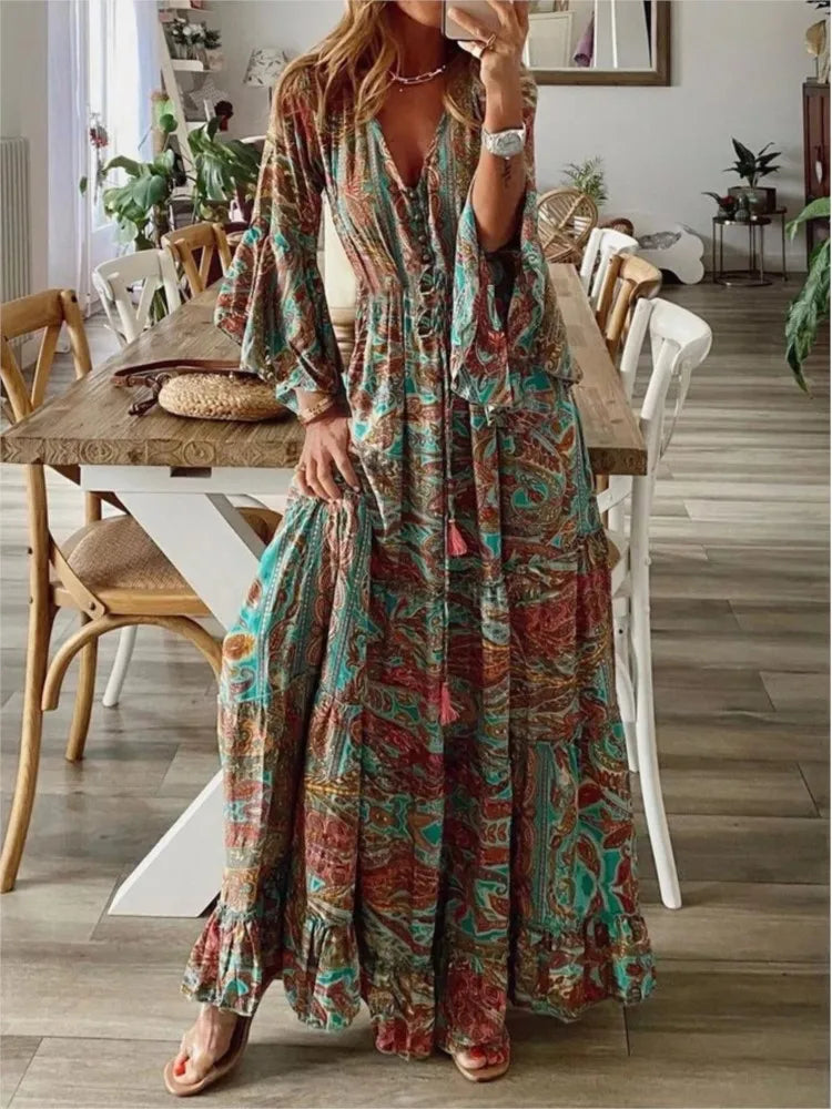 Robe Maxi Femme - Col V - Manches Longues - Style Bohème