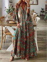 Robe Maxi Femme - Col V - Manches Longues - Style Bohème