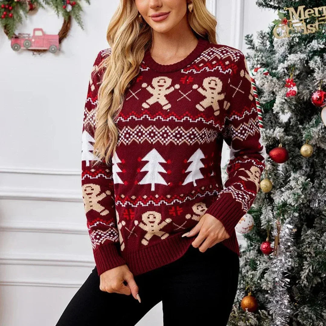 Weihnachts-Pullover Damen – Winterpullover mit Lebkuchen- & Weihnachtsbaum-Motiv