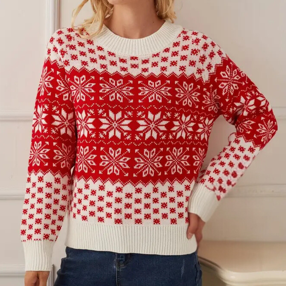 Weihnachts-Pullover Damen – Roter und weißer Winterpullover mit Schneeflockenmuster