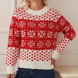 Weihnachts-Pullover Damen – Roter und weißer Winterpullover mit Schneeflockenmuster