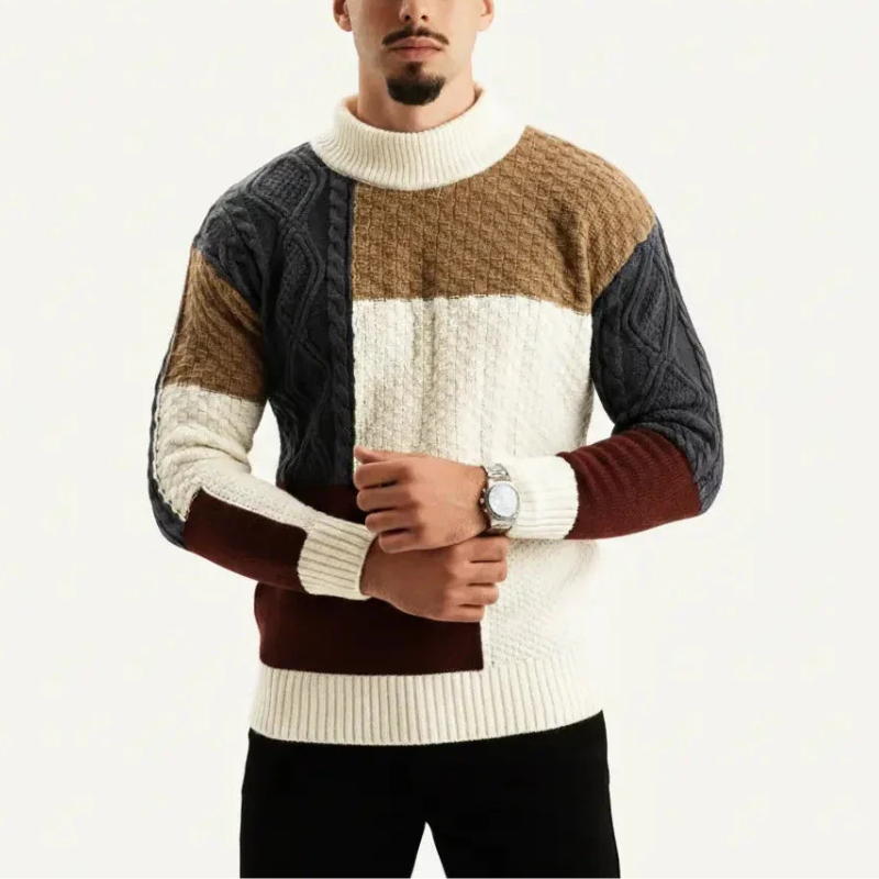 Męski sweter z golfem z dzianiny – modny zimowy sweter colorblock