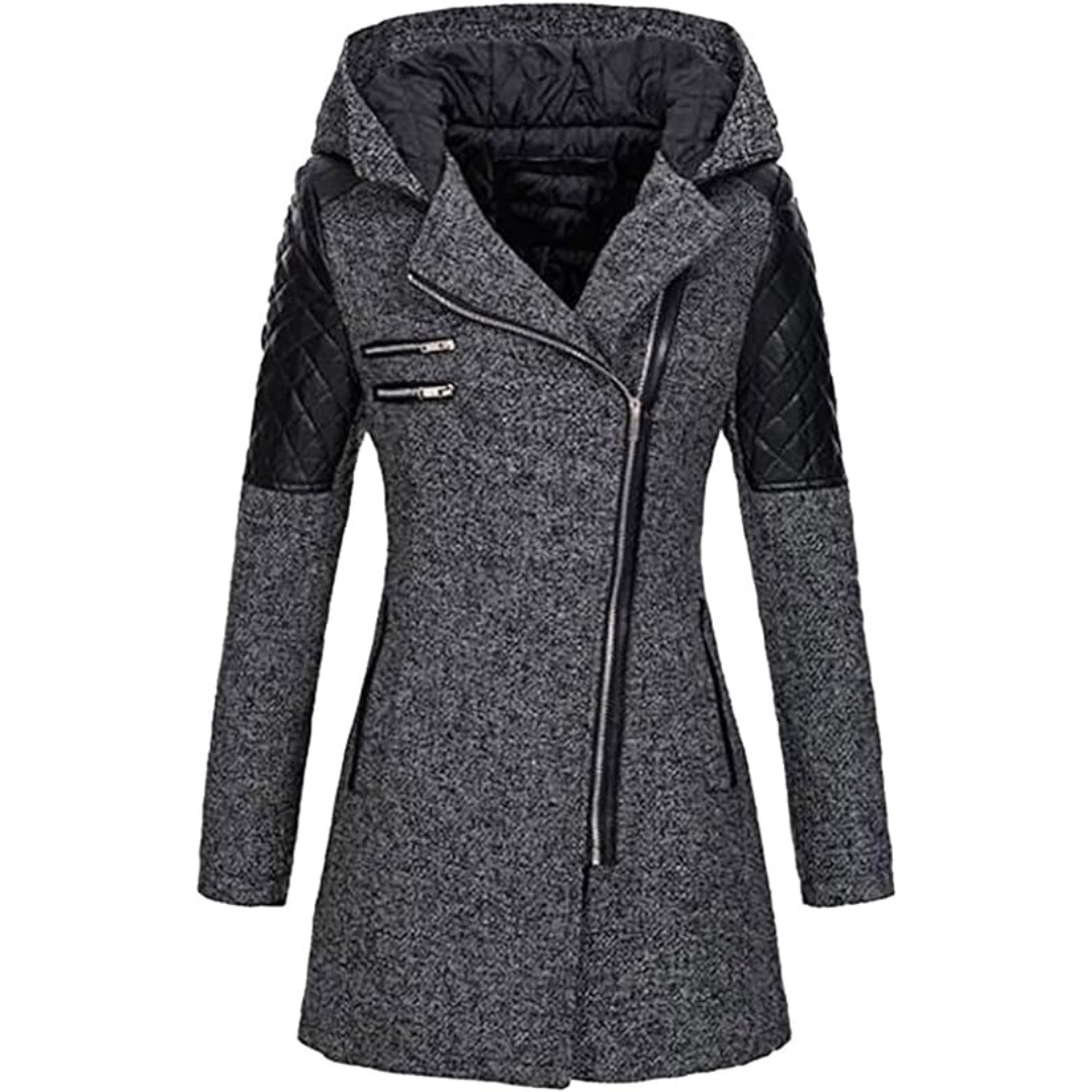 Manteau Femme Mi-Long à Capuche et Manches Contrastées
