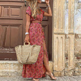 Elegantes Boho Maxikleid mit V-Ausschnitt und Gürtel