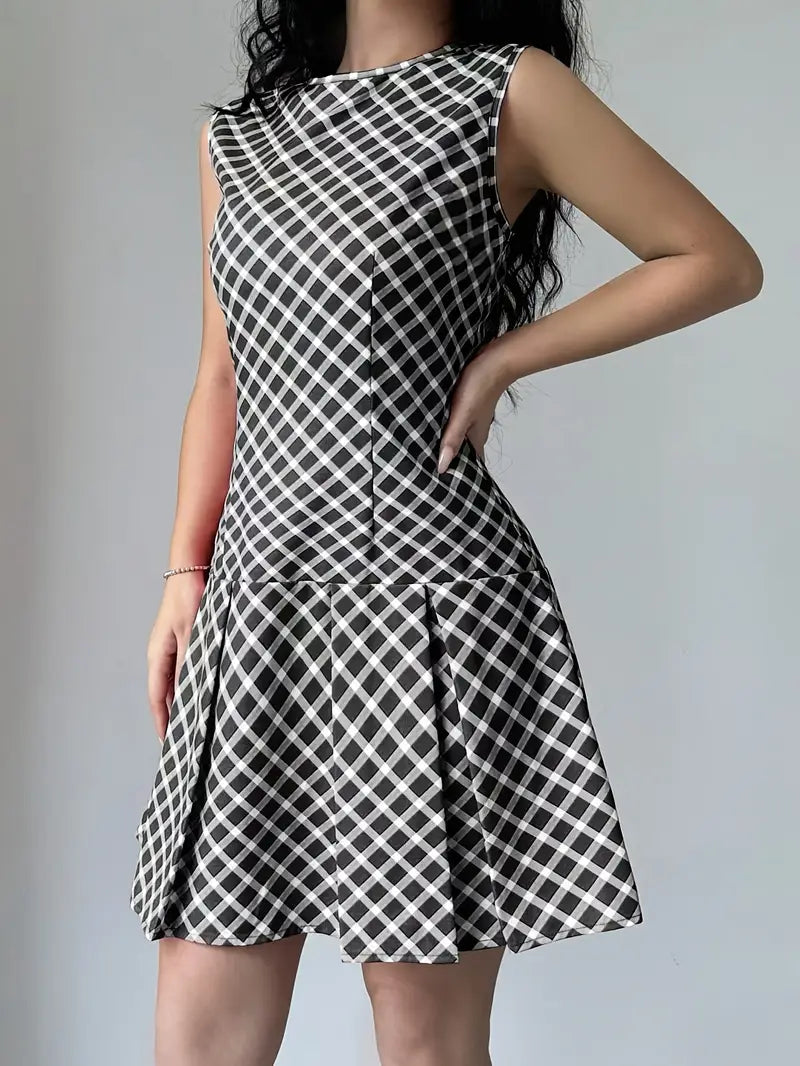Robe Trapèze Sans Manches à Imprimé Carreaux Vintage