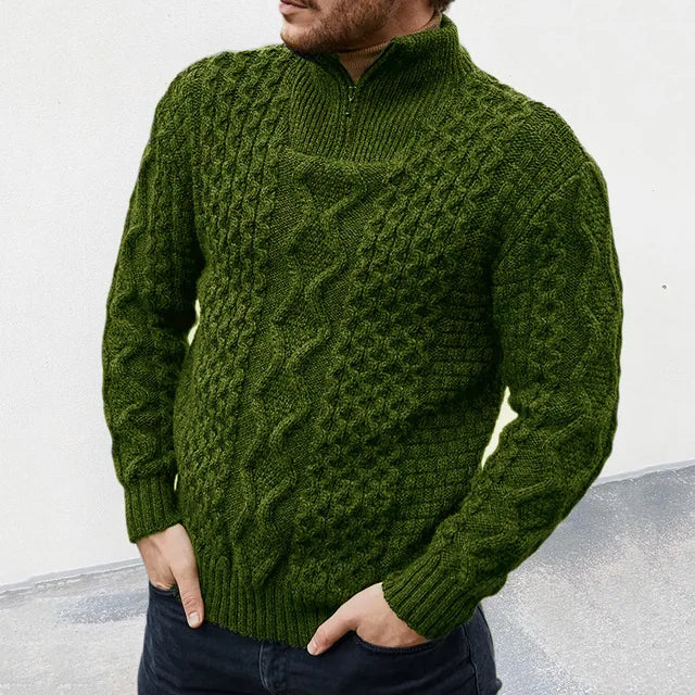 Herrenpullover mit halbem Reißverschluss – Klassischer Zopfmusterpullover mit Kragen