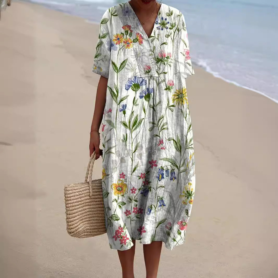 Robe d'Été Femme Imprimé Fleuri Col V Confortable