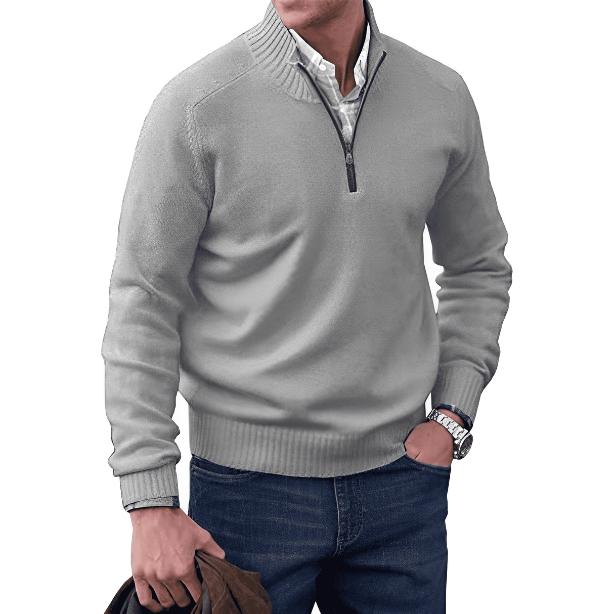 Luxury men's pullover with quarter zip and stand-up collar – elegant and comfortable