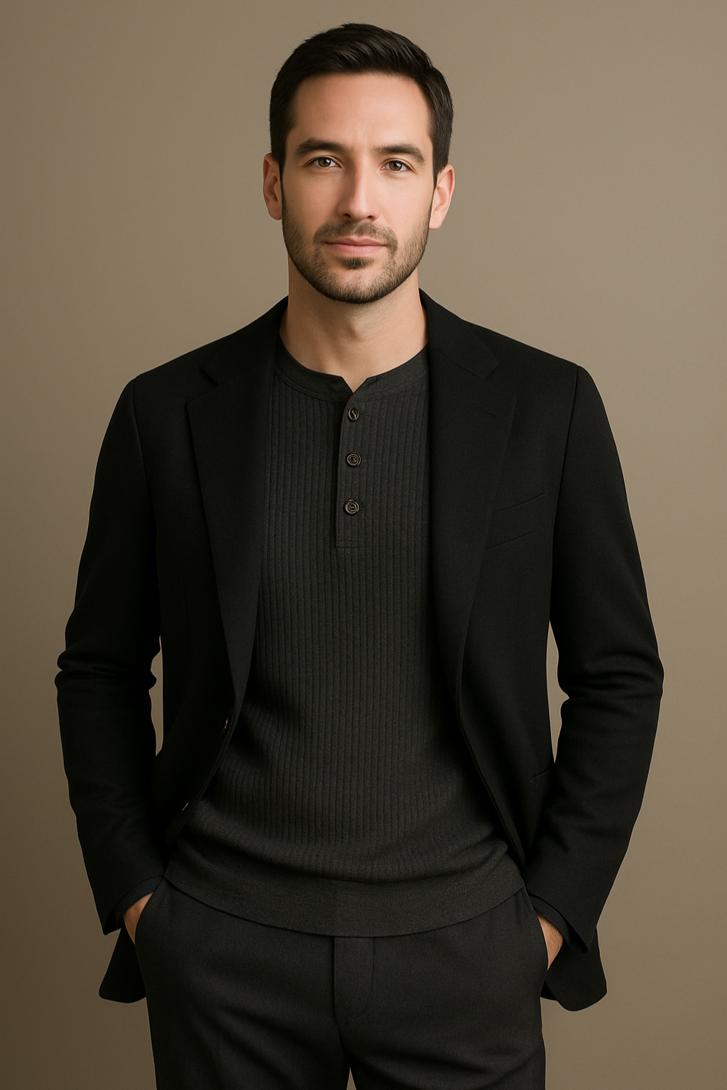 Men's Long Sleeve Henley Top with Ribbed Texture