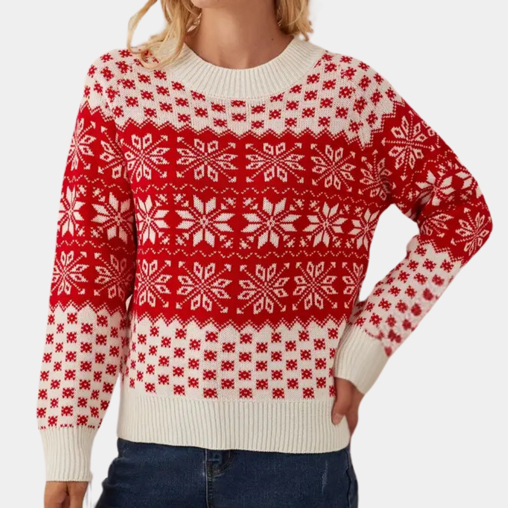 Weihnachts-Pullover Damen – Roter und weißer Winterpullover mit Schneeflockenmuster