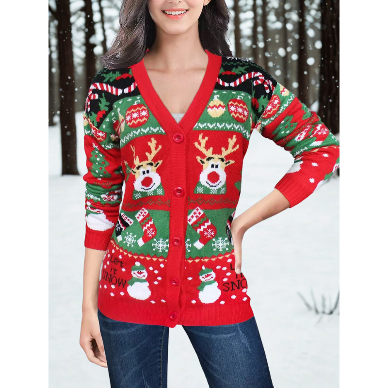 Women's Christmas Cardigan – V-Neck Sweater with Festive Winter Pattern