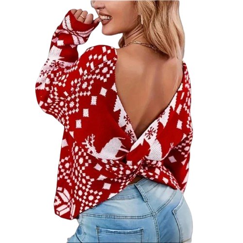 Women's Christmas Top – Winter T-shirt Open Back & Festive Print