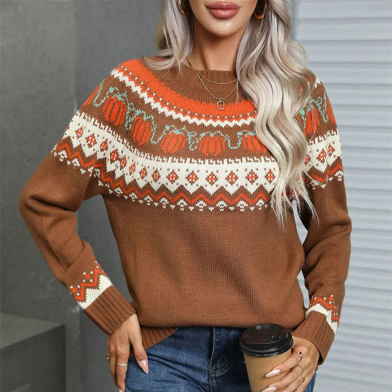 Damen Winterpullover – Gestrickter Nordischer Pullover mit Warmem Muster
