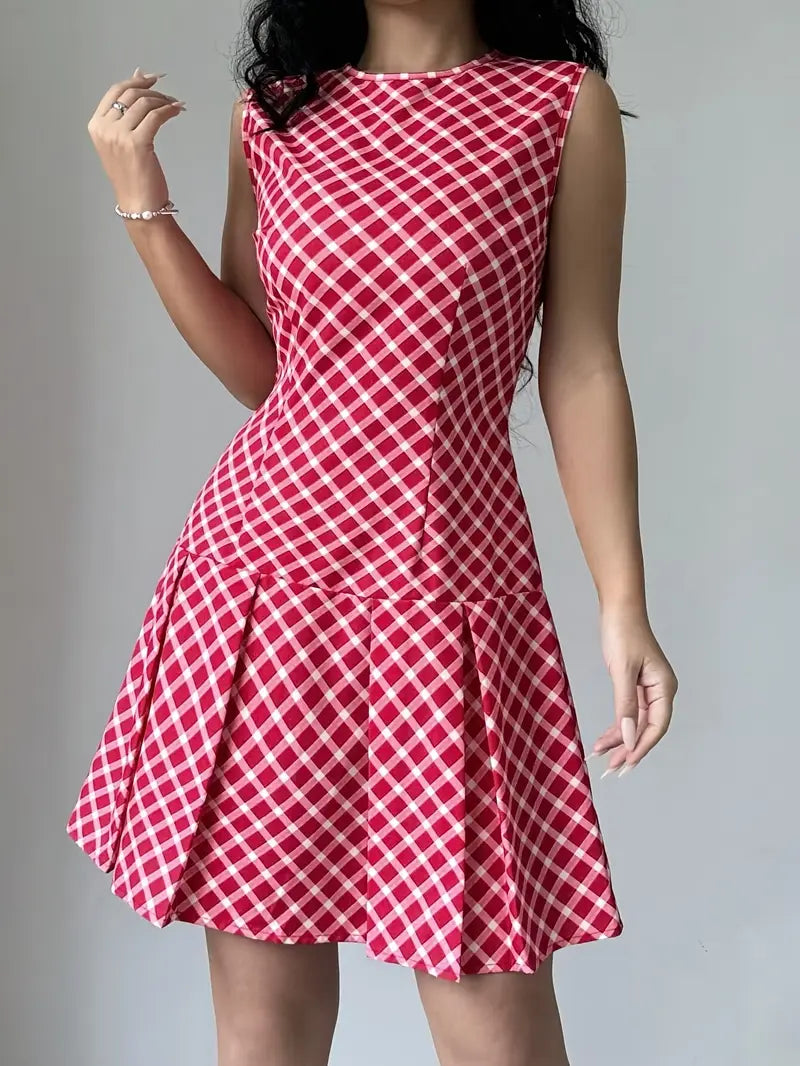Robe Trapèze Sans Manches à Imprimé Carreaux Vintage