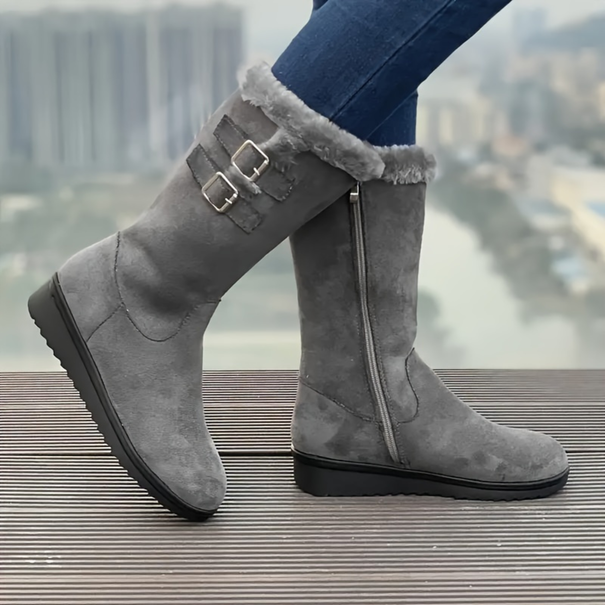 Bottes d’hiver femme avec doublure en fourrure – Bottes chaudes à boucles