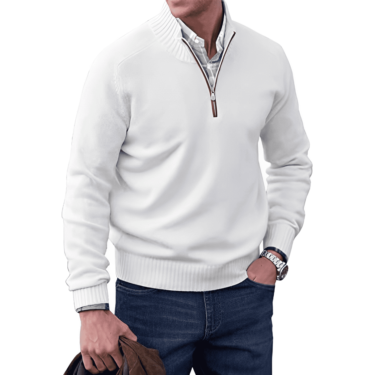 Luxury men's pullover with quarter zip and stand-up collar – elegant and comfortable