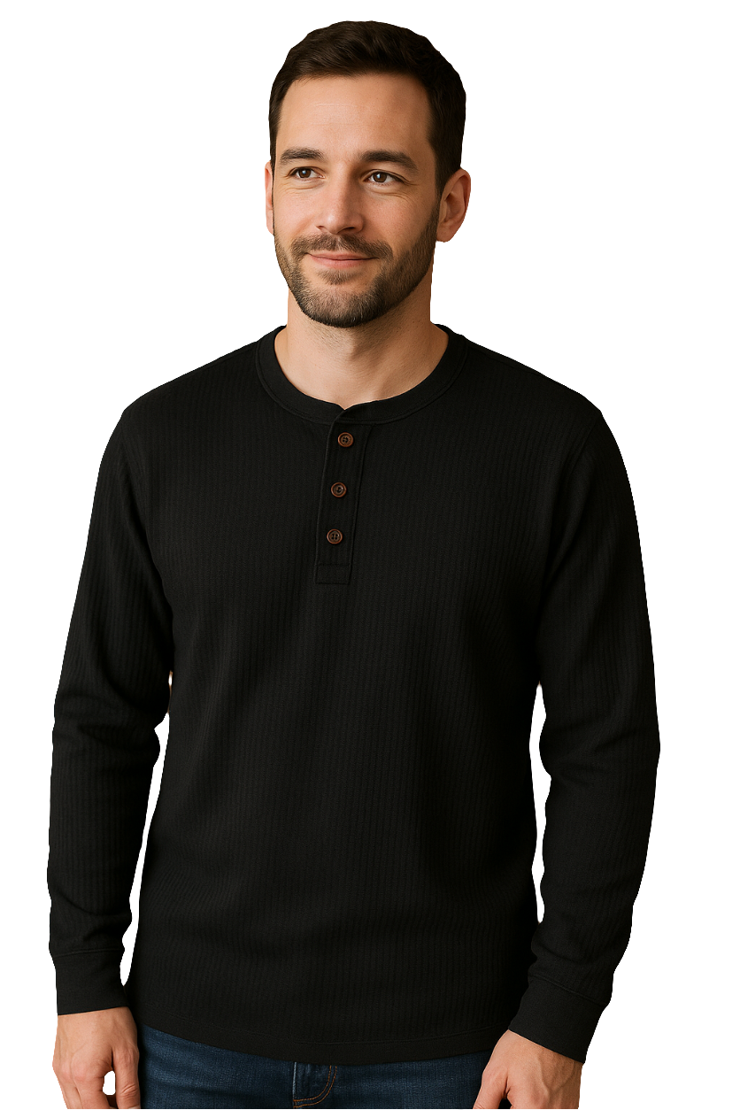 Men's Long Sleeve Henley Top with Ribbed Texture
