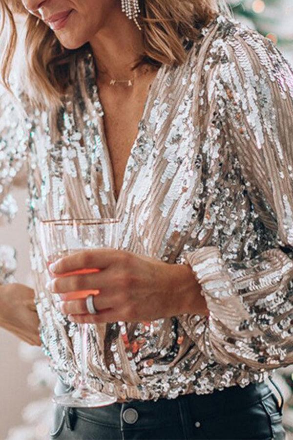 Top Glamour Pailleté mit V-Ausschnitt und langen Ärmeln
