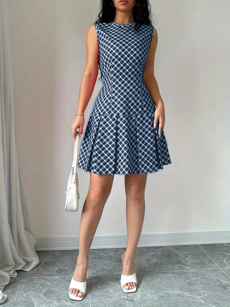 Robe Trapèze Sans Manches à Imprimé Carreaux Vintage