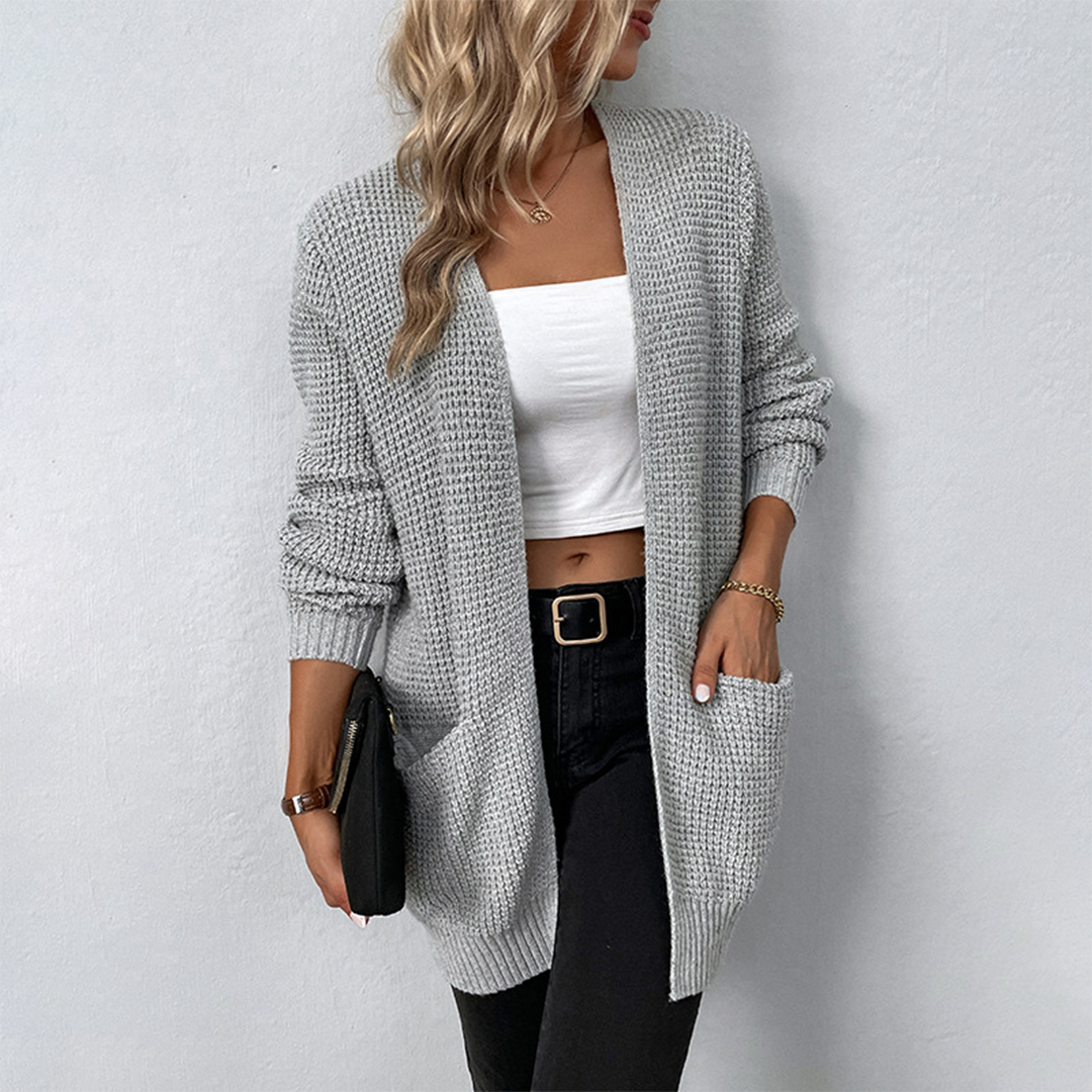 Long cardigan femme avec col en V et poches, idéal pour l'automne et l'hiver