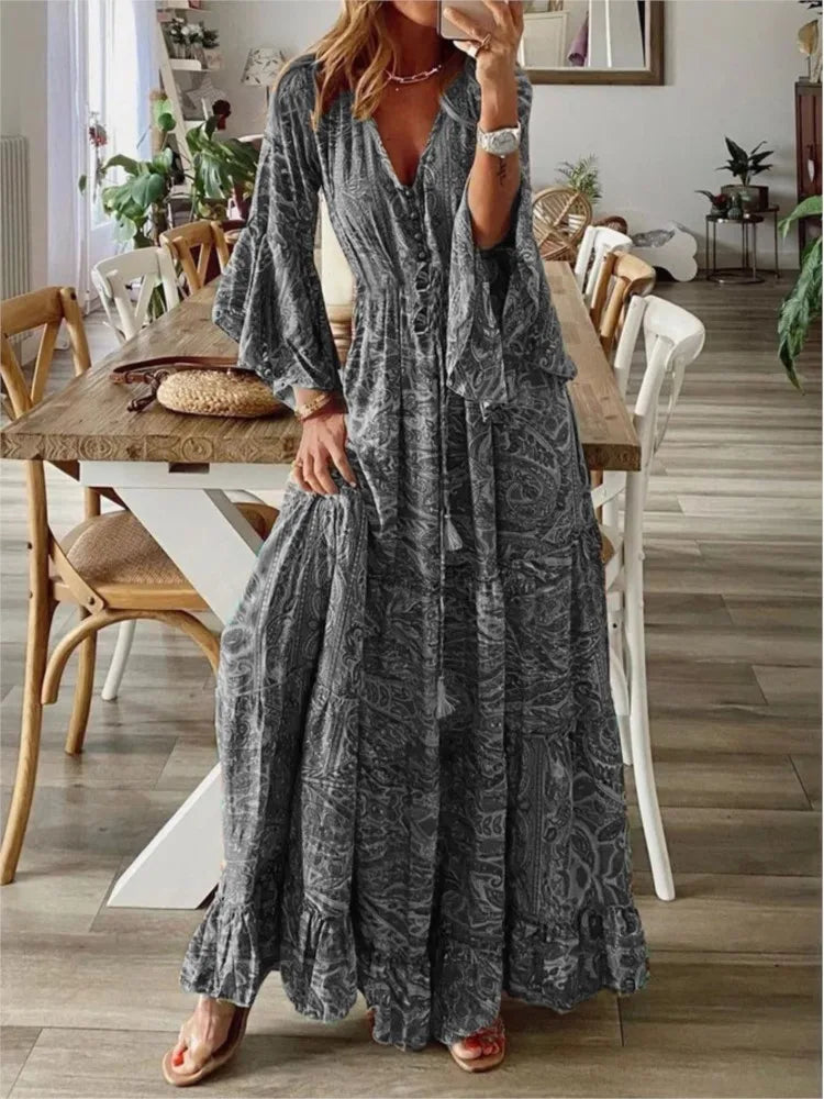 Robe Maxi Femme - Col V - Manches Longues - Style Bohème