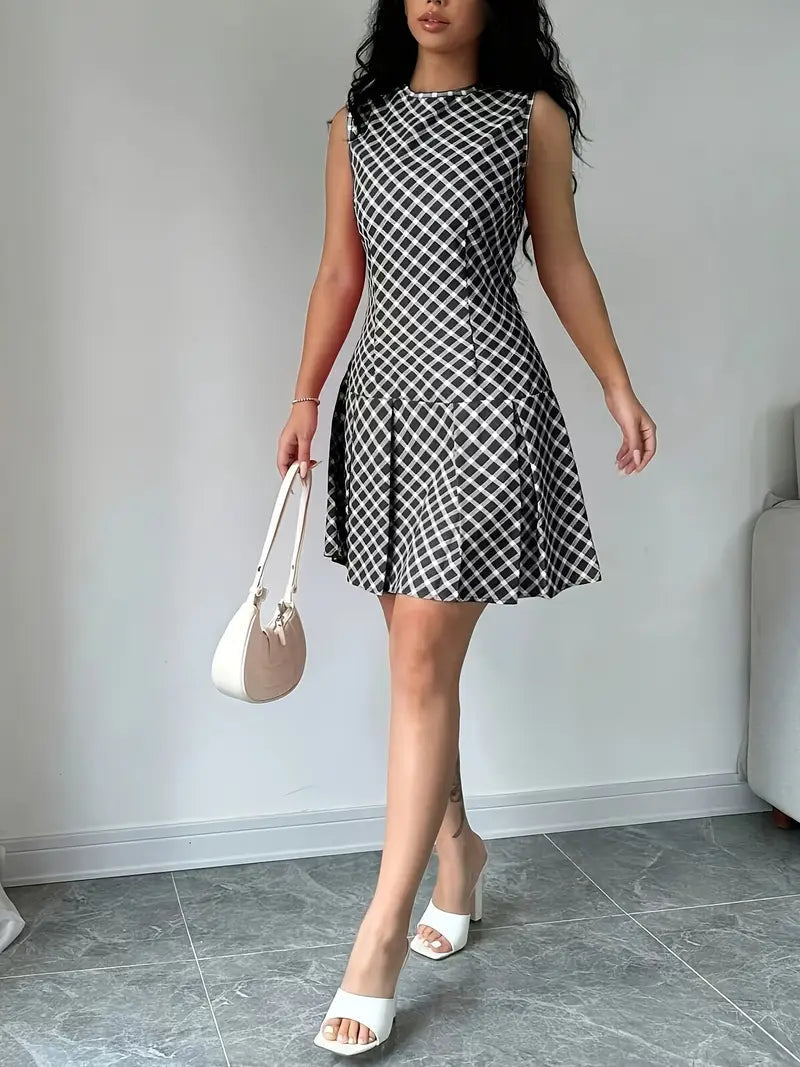 Robe Trapèze Sans Manches à Imprimé Carreaux Vintage