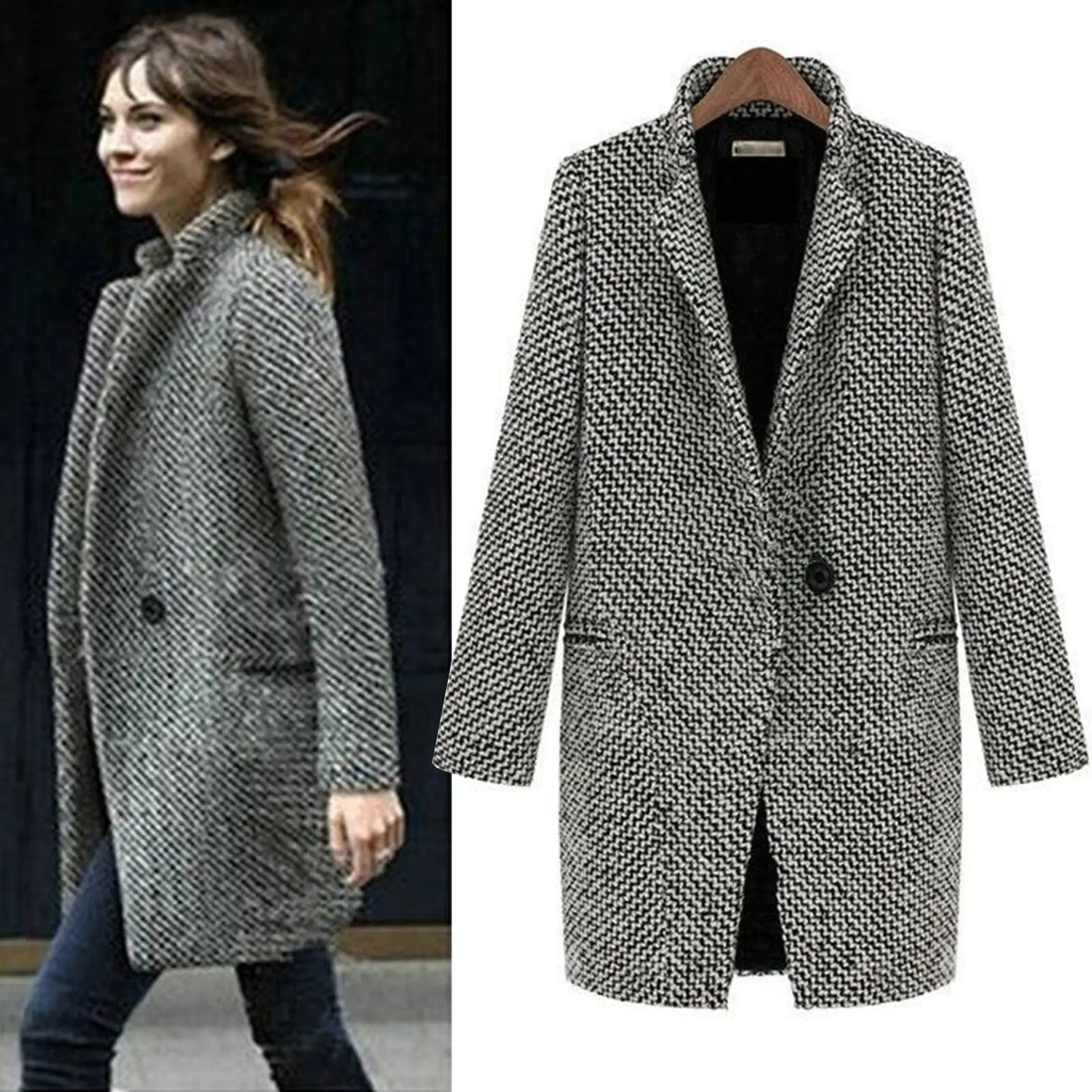 Damenmantel – Klassische Jacke mit Chevron-Muster und weichem Futter