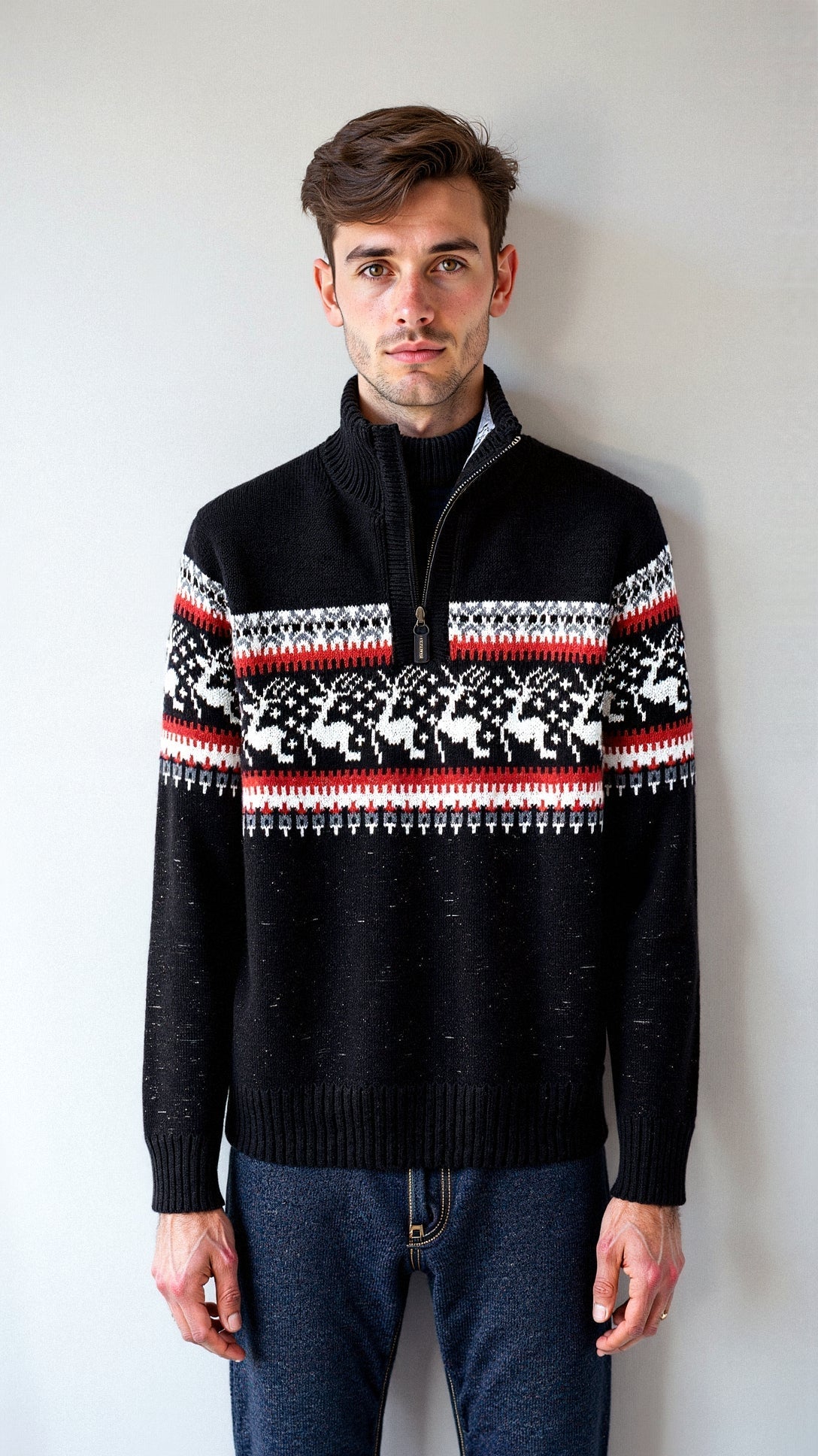 Men's Winter Sweater with Nordic Pattern – Comfortable Half-Zip Sweatshirt