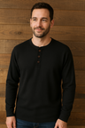 Men's Long Sleeve Henley Top with Ribbed Texture