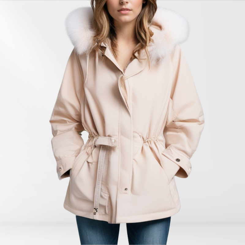 Damen Luxus Wintermantel mit Pelzkragen – Warmer Parka mit Taillenzug