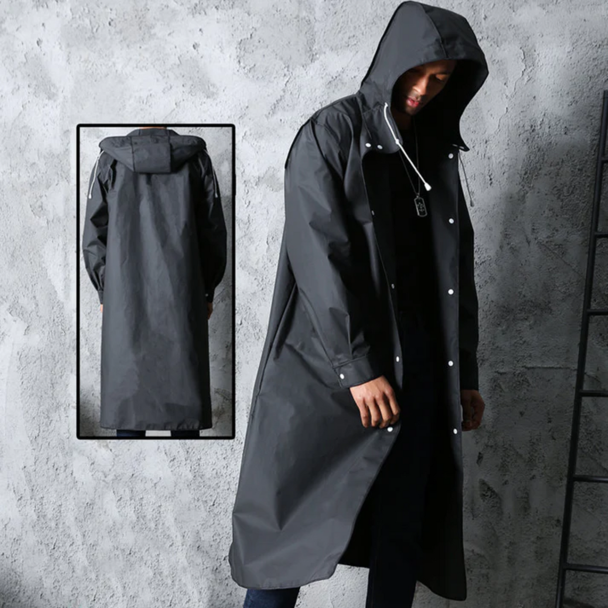 Long imperméable homme avec capuche – Noir, coupe-vent et imperméable