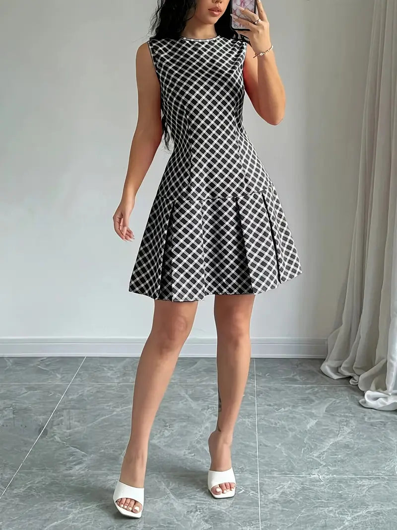 Robe Trapèze Sans Manches à Imprimé Carreaux Vintage