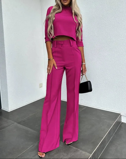 Elegantes Semi-Tailliertes Ensemble mit weitem Hosenbein und langen Ärmeln
