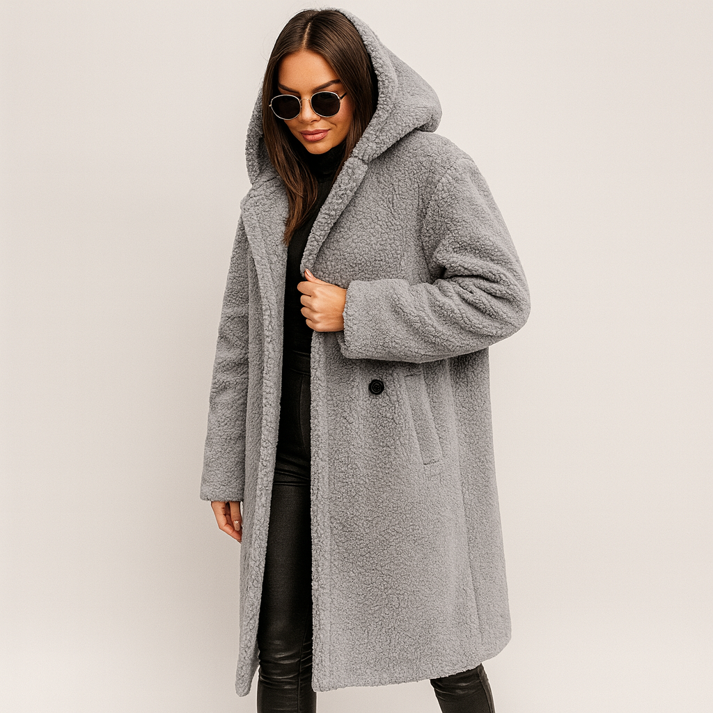 Damen langer Wintermantel mit Kapuze – warm, weich und elegant
