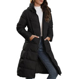 Damen langer Wintermantel – warme gesteppte Jacke mit Kapuze