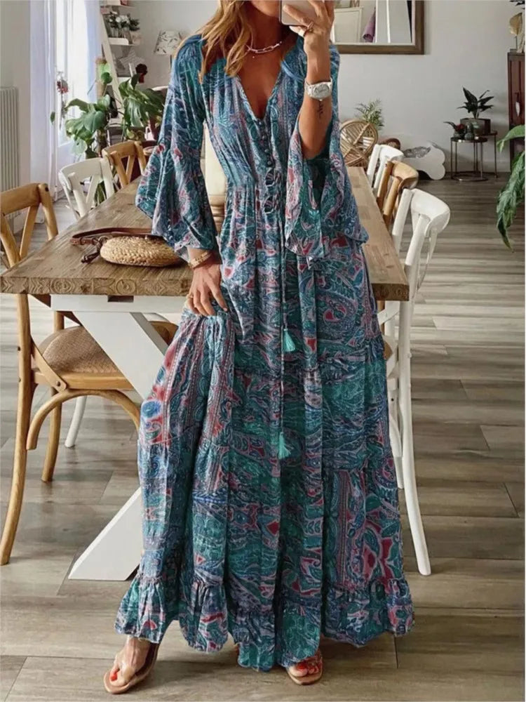 Robe Maxi Femme - Col V - Manches Longues - Style Bohème