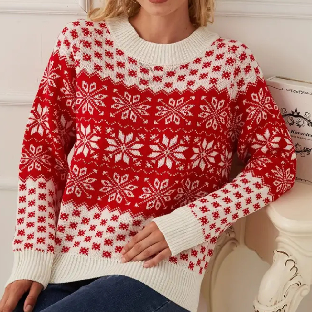 Weihnachts-Pullover Damen – Roter und weißer Winterpullover mit Schneeflockenmuster