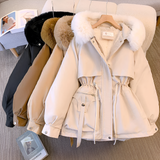 Damen Wintermantel mit Pelzkragen – Elegante warme Jacke mit Gürtel