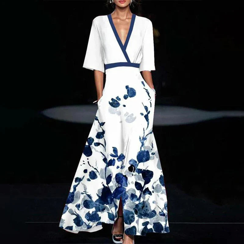 Elegantes langes Kleid mit Blumenmuster und V-Ausschnitt