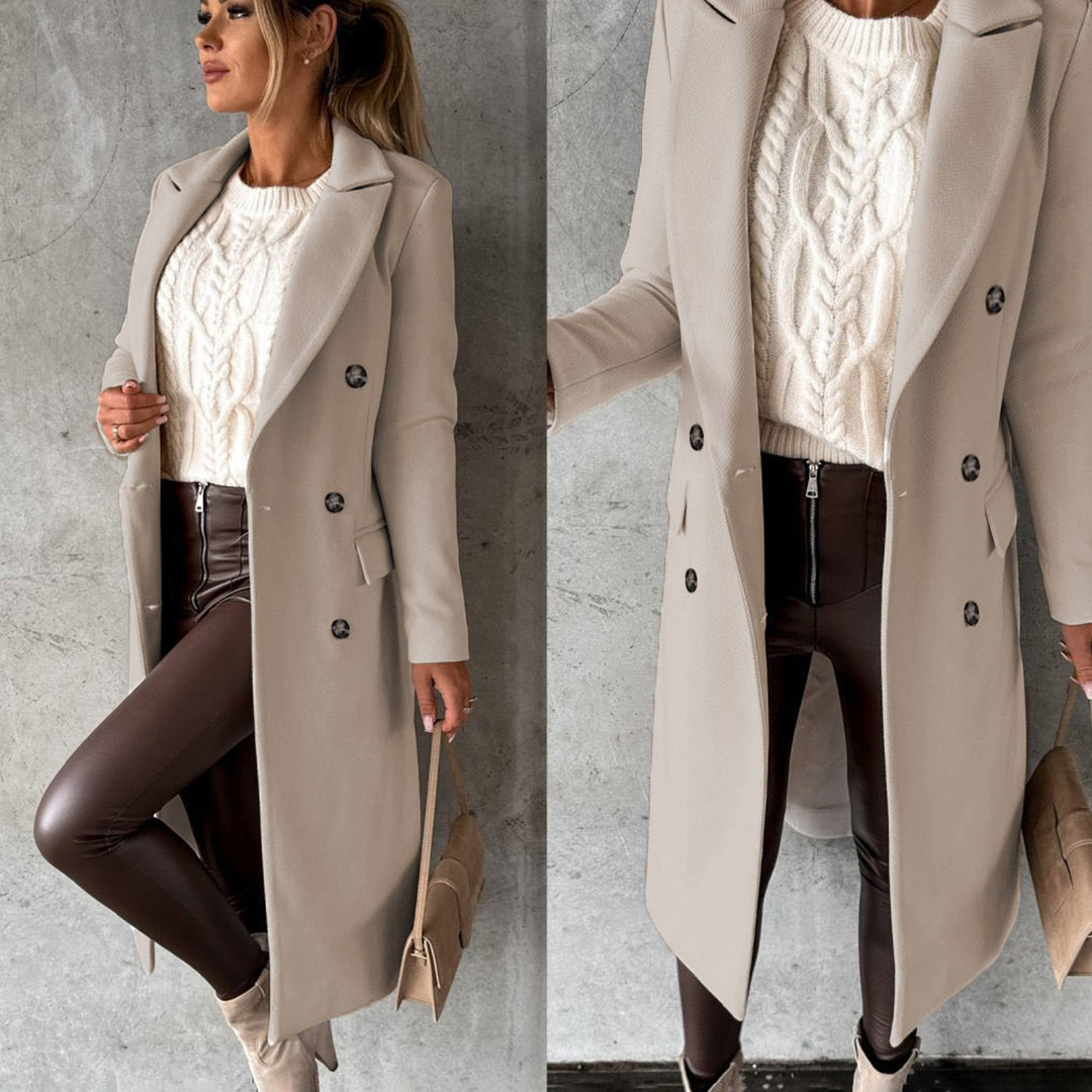 Manteau d'automne élégant pour femmes à double boutonnage en mélange de laine