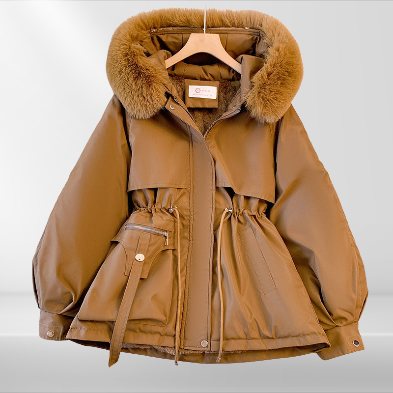 Damen Luxus Wintermantel mit Pelzkragen – Warmer Parka mit Taillenzug