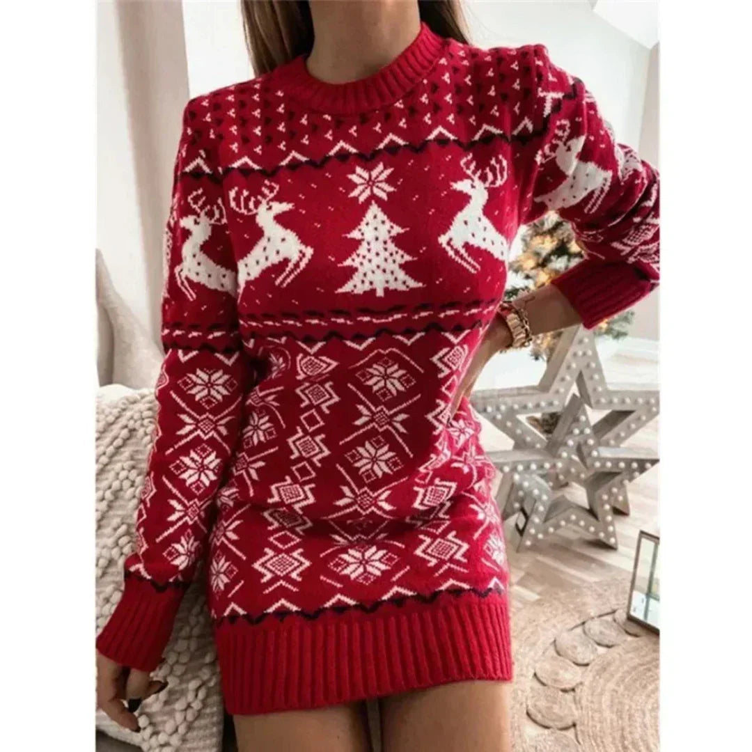 Women's Christmas Sweater Dress – Long Winter Sweater Dress with Reindeer Pattern