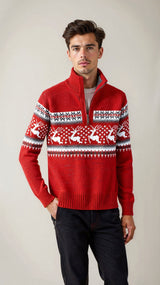 Men's Winter Sweater with Nordic Pattern – Comfortable Half-Zip Sweatshirt