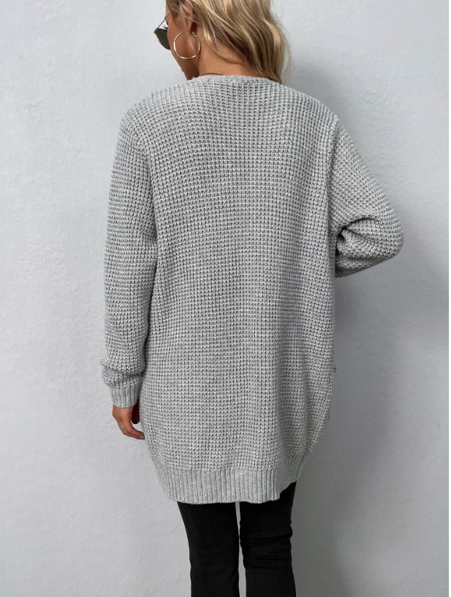 Damenstrickweste – Langer offener Cardigan mit Taschen