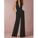 Damen-Overall ohne Ärmel mit tiefem V-Ausschnitt und Palazzo-Hose