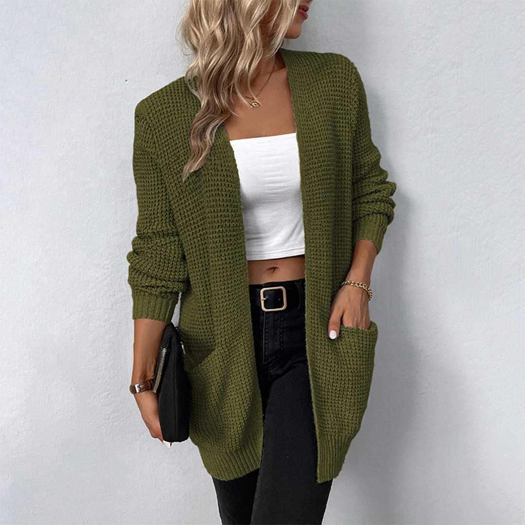 Long cardigan femme avec col en V et poches, idéal pour l'automne et l'hiver
