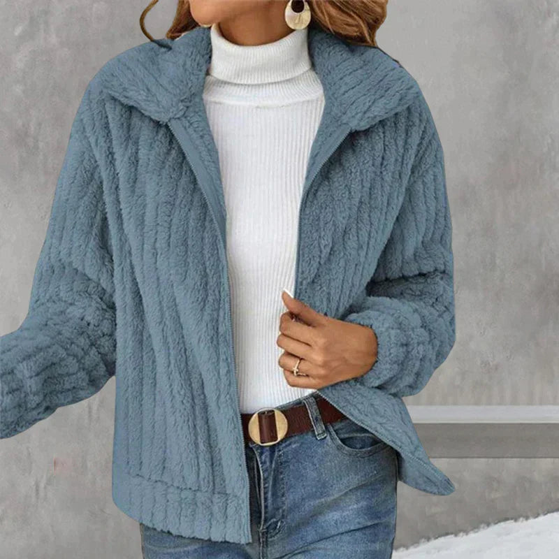 Teddyjacke Damen – Weicher Fleece-Mantel mit Reißverschluss und Kragen