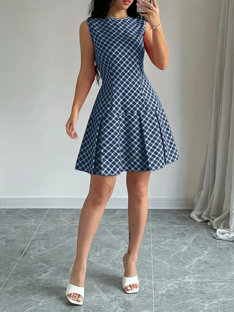 Robe Trapèze Sans Manches à Imprimé Carreaux Vintage