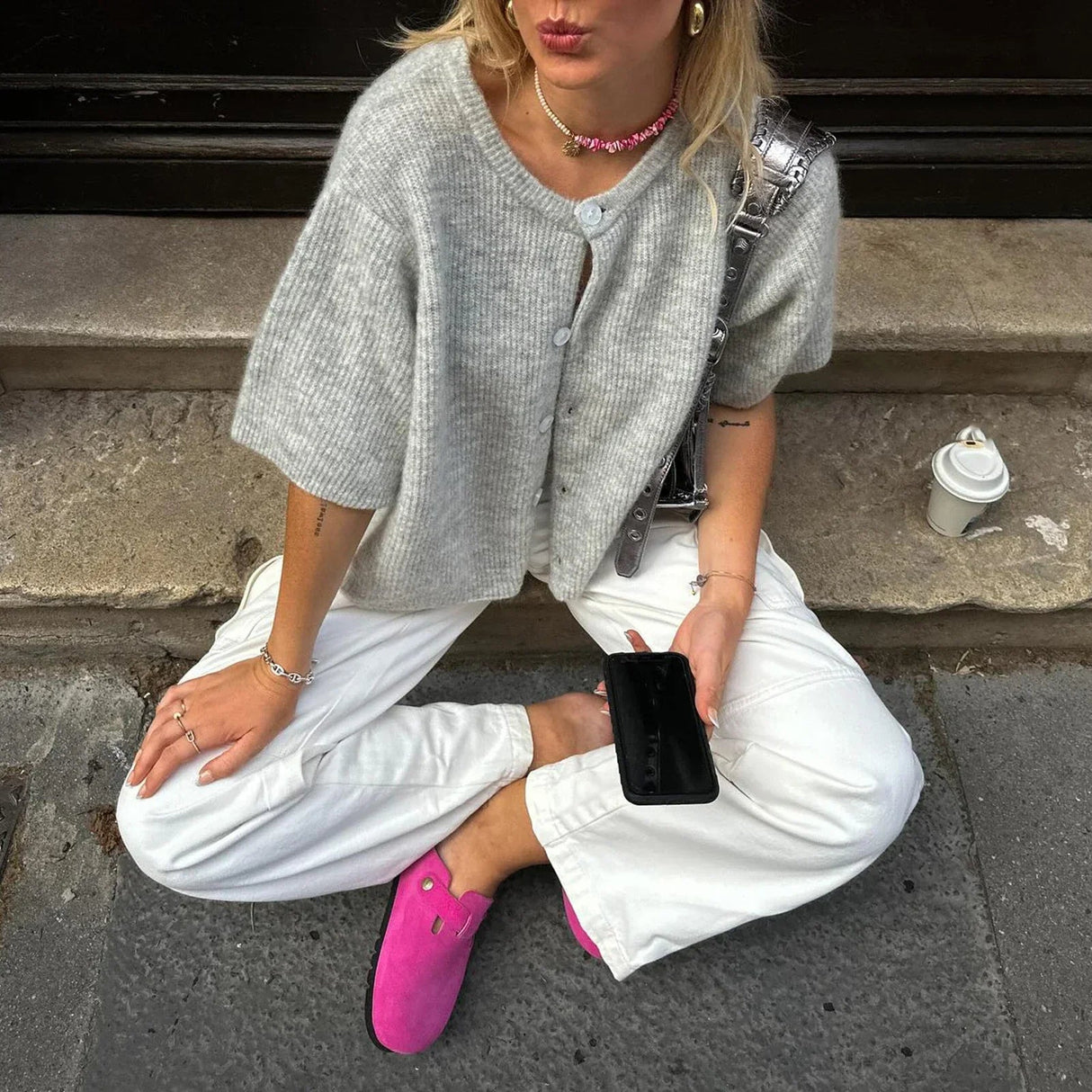 Gilet Streetwear Monochrome Manches Courtes Col Rond