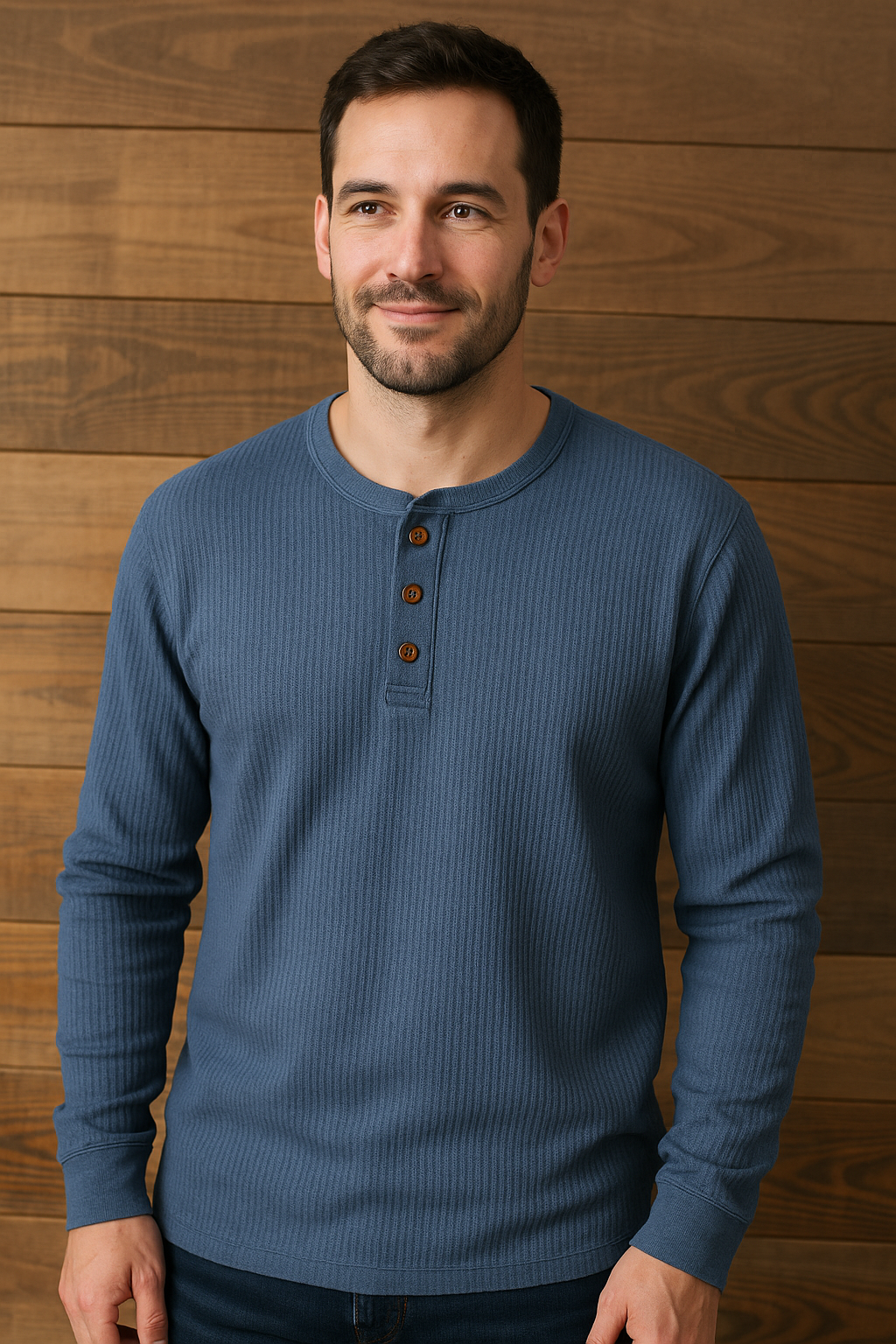 Men's Long Sleeve Henley Top with Ribbed Texture